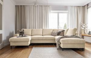 Wohnlandschaft Sagata Cordstoff Onika: Beige - Longchair davorstehend links / Ottomane rechts - Schlaffunktion - Bettkasten