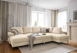 Wohnlandschaft Sagata Cordstoff Onika: Beige - Longchair davorstehend links / Ottomane rechts - Schlaffunktion - Bettkasten