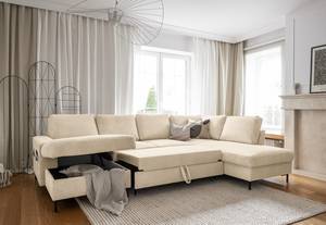 Wohnlandschaft Sagata Cordstoff Onika: Beige - Longchair davorstehend links / Ottomane rechts - Schlaffunktion - Bettkasten