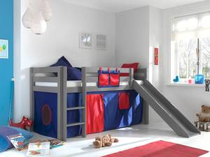 Spielbett Pino Kiefer Massiv - 90 x 200 cm - Grau / Dunkelblau - Mit Vorhang - Mit Leiter - Mit Rutsche