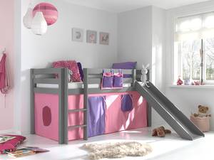 Spielbett Pino Kiefer Massiv - 90 x 200 cm - Grau / Pink - Mit Vorhang - Mit Leiter - Mit Rutsche