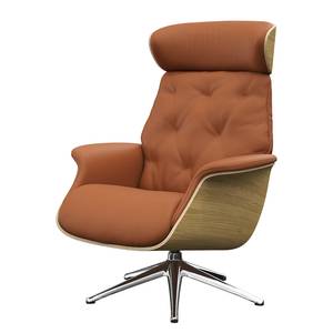 Relaxfauteuil BLOMST Leer Danbi: Kastanjebruin - Hoogte: 112 cm - Chroomkleurig glanzend - Zonder hocker - Eik