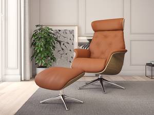 Relaxfauteuil BLOMST Leer Danbi: Kastanjebruin - Hoogte: 112 cm - Chroomkleurig glanzend - Zonder hocker - Eik