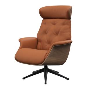 Relaxfauteuil BLOMST Leer Danbi: Kastanjebruin - Hoogte: 112 cm - Zwart - Zonder hocker - Notenboom