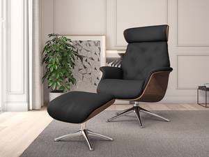 Relaxfauteuil BLOMST Leer Danbi: Zwart - Hoogte: 112 cm - Chroomkleurig glanzend - Zonder hocker - Notenboom