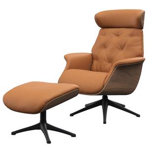 Relaxfauteuil BLOMST Leer Danbi: Cognac - Hoogte: 110 cm - Zwart - Met hocker - Notenboom