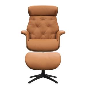 Relaxfauteuil BLOMST Leer Danbi: Cognac - Hoogte: 110 cm - Zwart - Met hocker - Notenboom