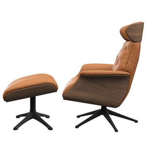 Relaxfauteuil BLOMST Leer Danbi: Cognac - Hoogte: 110 cm - Zwart - Met hocker - Notenboom