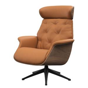 Relaxfauteuil BLOMST Leer Danbi: Cognac - Hoogte: 110 cm - Zwart - Met hocker - Notenboom