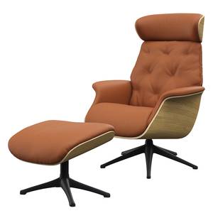 Relaxfauteuil BLOMST Leer Danbi: Kastanjebruin - Hoogte: 112 cm - Zwart - Met hocker - Eik