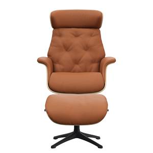 Relaxfauteuil BLOMST Leer Danbi: Kastanjebruin - Hoogte: 112 cm - Zwart - Met hocker - Eik