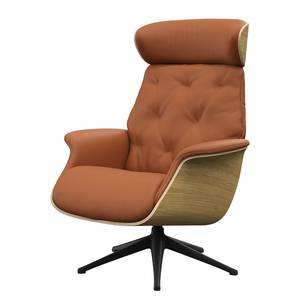 Relaxfauteuil BLOMST Leer Danbi: Kastanjebruin - Hoogte: 112 cm - Zwart - Met hocker - Eik