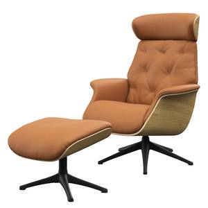 Fauteuil relax BLOMST Cuir Danbi: Cognac - Hauteur : 112 cm - Noir - Avec repose-pieds - Chêne