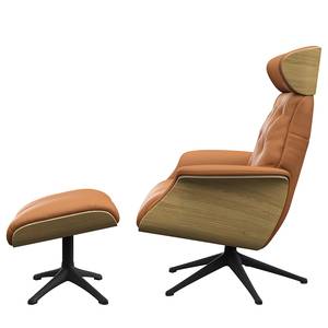 Relaxfauteuil BLOMST Leer Danbi: Cognac - Hoogte: 112 cm - Zwart - Met hocker - Eik