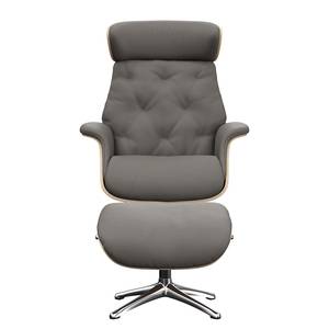 Relaxfauteuil BLOMST Leer Danbi: Bruin - Hoogte: 112 cm - Chroomkleurig glanzend - Met hocker - Eik