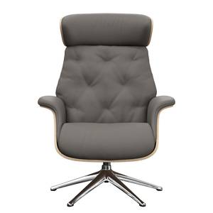 Relaxfauteuil BLOMST Leer Danbi: Bruin - Hoogte: 112 cm - Chroomkleurig glanzend - Met hocker - Eik