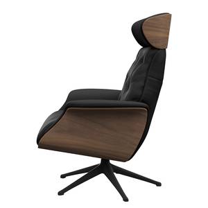 Relaxfauteuil BLOMST Leer Danbi: Zwart - Hoogte: 112 cm - Zwart - Met hocker - Notenboom