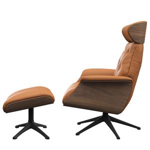 Relaxfauteuil BLOMST Leer Danbi: Cognac - Hoogte: 112 cm - Zwart - Met hocker - Notenboom