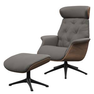 Relaxfauteuil BLOMST Leer Danbi: Bruin - Hoogte: 112 cm - Zwart - Met hocker - Notenboom