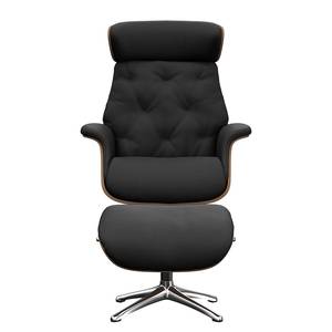 Fauteuil relax BLOMST Cuir Danbi: Noir - Hauteur : 112 cm - Chrome brillant - Avec repose-pieds - Noyer