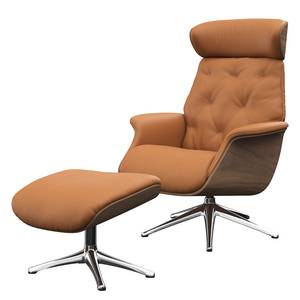 Fauteuil relax BLOMST Cuir Danbi: Cognac - Hauteur : 112 cm - Chrome brillant - Avec repose-pieds - Noyer