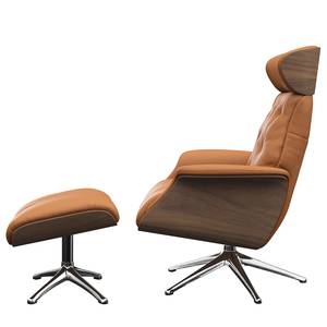 Fauteuil relax BLOMST Cuir Danbi: Cognac - Hauteur : 112 cm - Chrome brillant - Avec repose-pieds - Noyer