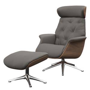 Fauteuil relax BLOMST Cuir Danbi: Marron - Hauteur : 112 cm - Chrome brillant - Avec repose-pieds - Noyer