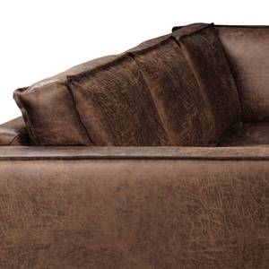 Canapé d’angle FORT DODGE avec ottomane Aspect cuir vieilli - Microfibre Yaka: Marron - Méridienne longue à droite (vue de face) - Avec fonction couchage