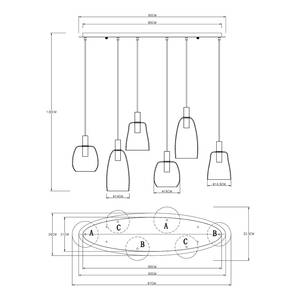 Suspension Garri - Type D Verre coloré / Aluminium / Laiton / Plexiglas - 6 ampoules - Laiton