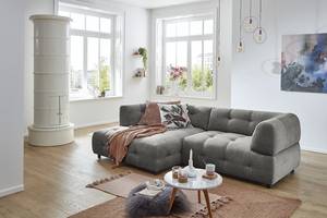 Ecksofa Ginzo mit Longchair Chenille Gelia: Grau - Longchair davorstehend links