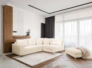 Ecksofa Meyford Cordstoff Lola: Creme - Ottomane davorstehend rechts - Mit Hocker