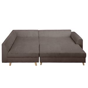 Ecksofa Meyford Cordstoff Lola: Espresso - Ottomane davorstehend links - Mit Hocker