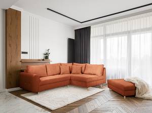 Ecksofa Meyford Cordstoff Lola: Kupfer - Ottomane davorstehend rechts - Mit Hocker