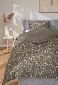 Parure de lit en satin brillante Leaves Coton - Vert olive - 155 x 220 cm + oreiller 80 x 80 cm