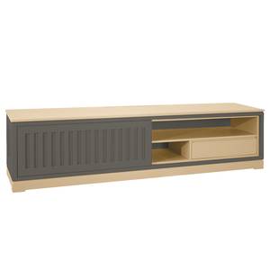 Meuble TV Casares cannelé avec  insert Pin massif - Gris/Pin crème - Largeur : 206 cm