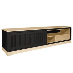 Meuble TV Casares cannelé avec  insert Pin massif - Noir / Pin crème - Largeur : 206 cm