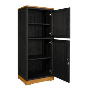 Highboard Casares geribbeld massief pijnboomhout - Zwart / Pijnboomhout bruin - 2 deuren - Scharnieren rechts - Zonder