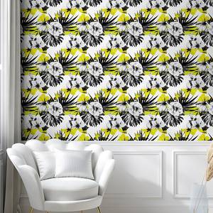 Papier peint Flower PVC - Jaune / Gris - Hauteur : 90 cm