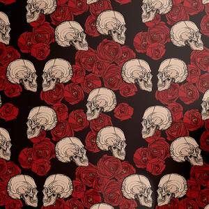 Behang Skulls and Roses PVC- zwart/rood - Hoogte: 90 cm