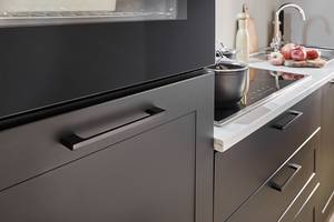 Keukenblok MARBLY 260 cm mat zwart/lichte marmeren look - Zonder elektrische apparatuur