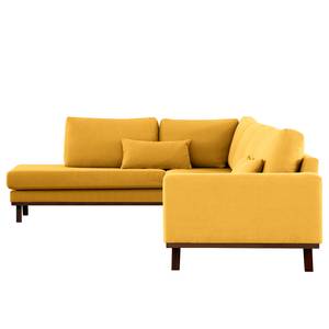 Canapé d’angle BILLUND avec ottomane Tissu Vele: Jaune moutarde - Méridienne longue à gauche (vue de face) - Hêtre foncé