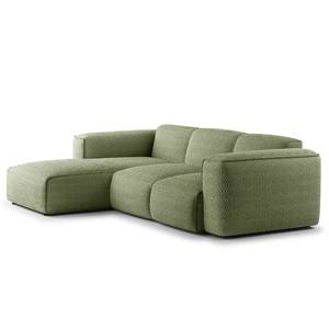 Ecksofa HUDSON 3-Sitzer mit Longchair Bouclé Stoff Bony: Moosgrün - Breite: 251 cm - Longchair davorstehend links