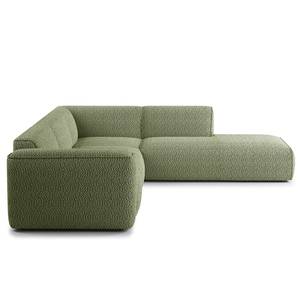 Ecksofa HUDSON 3-Sitzer mit Recamiere Bouclé Stoff Bony: Moosgrün - Longchair davorstehend rechts