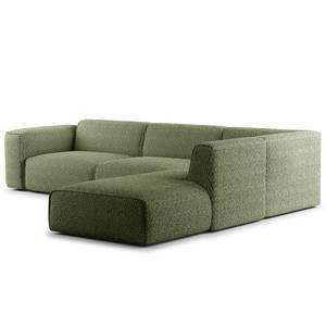 Ecksofa HUDSON 3-Sitzer mit Recamiere Bouclé Stoff Bony: Moosgrün - Longchair davorstehend rechts