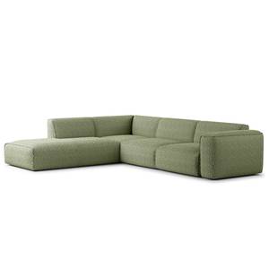 Ecksofa HUDSON 3-Sitzer mit Recamiere Bouclé Stoff Bony: Moosgrün - Longchair davorstehend links