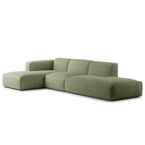 Divano angolare con chaise longue HUDSON Tessuto Bouclé Bony: verde muschio - Longchair preimpostata a sinistra