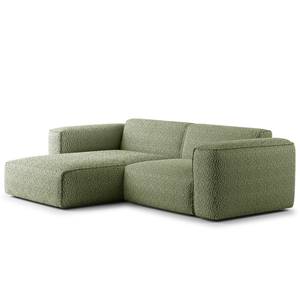 Ecksofa HUDSON 1,5-Sitzer mit Longchair Bouclé Stoff Bony: Moosgrün - Longchair davorstehend links