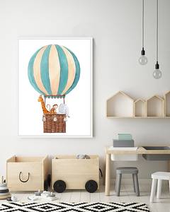 Afbeelding Striped Balloon With Animals massief beukenhout/acrylglas - wit - 63 x 83 cm