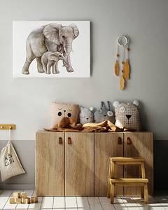 Impression sur toile Elephant with Child Pin massif / Lin - Gris - 40 x 50 cm