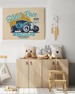 Afbeelding Old School Car massief grenenhout/linnen - beige/turquoise - 60 x 80 cm